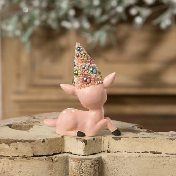 Set of 2 Bethany Lowe Pastel Pink Aqua Blue Reindeer Deer Bottle Brush Tree NEW - Picture 3 of 5